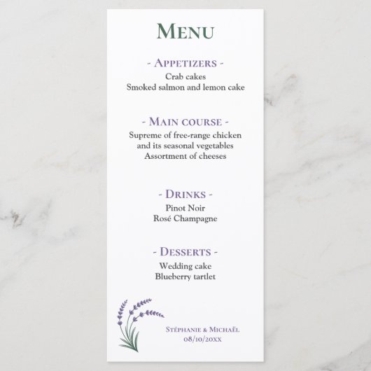 Simple Lavender Wedding Reception Menu メニュー (正面)