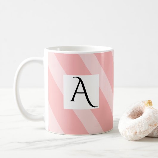 Simple Light Pink Single Initial Wide Stripes コーヒーマグカップ (ドーナツ)