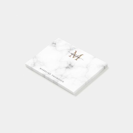 Simple Marble Gold Girly Script Monogram ポストイット (アングル)