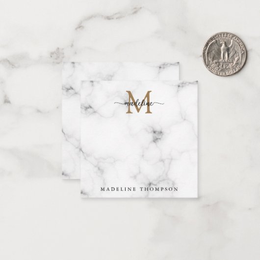 Simple Marble Gold Girly Script Monogram Square ノートカード (正面/裏面インサイチュ)