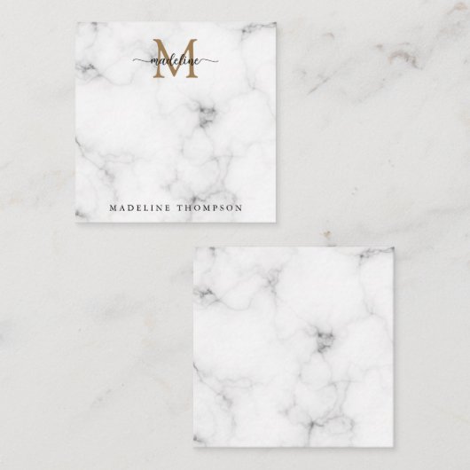 Simple Marble Gold Girly Script Monogram Square ノートカード (正面/裏面)