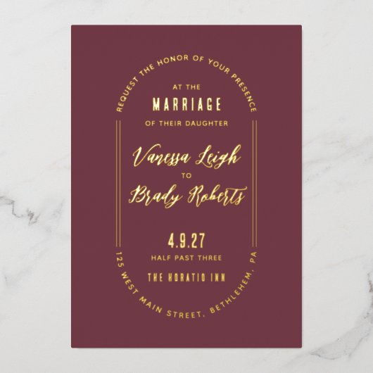 Simple Maroon Minimalist Wedding Invitation 箔招待状 (正面)