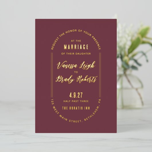 Simple Maroon Minimalist Wedding Invitation 箔招待状 (立ち正面)