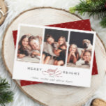 Simple Merry and Bright 3 Photo シーズンカード<br><div class="desc">EDITABLE COLOR | Simple and elegant holiday photo card with decorative "and" script between 2 words and seamless pattern on the back.  For more advanced customization of this design,  please click the BLUE DESIGN TOOL BUTTON above!</div>