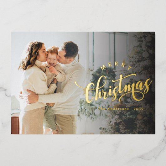Simple Merry Christmas Calligraphy Script Photo 箔シーズンカード (正面)