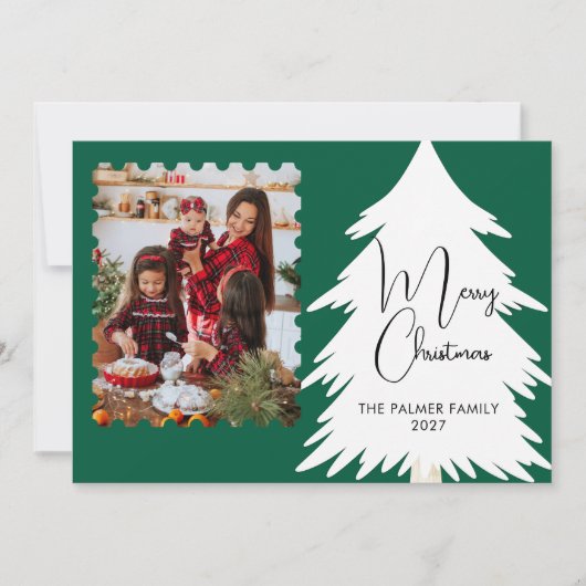 Simple Merry Christmas Pine Tree family photo シーズンカード (正面)