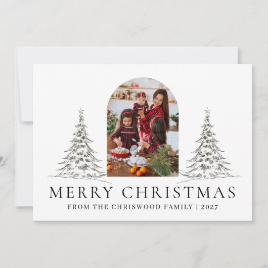 Simple Merry Christmas Pine Tree family photo シーズンカード (正面)