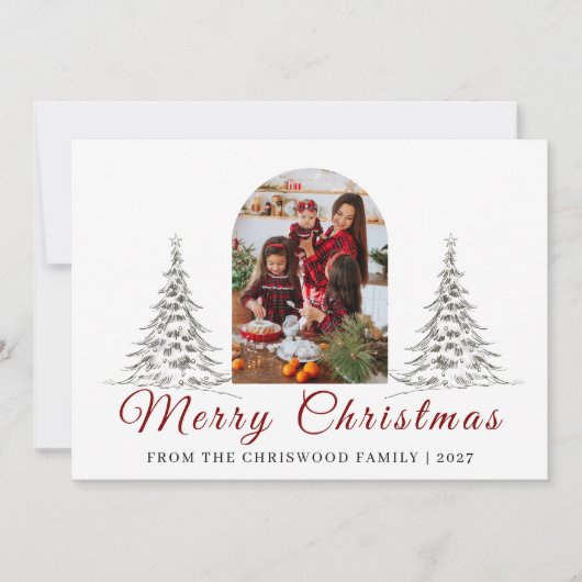 Simple Merry Christmas Pine Tree family photo シーズンカード (正面)