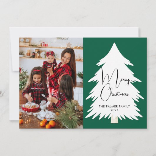Simple Merry Christmas Pine Tree family photo シーズンカード (正面)