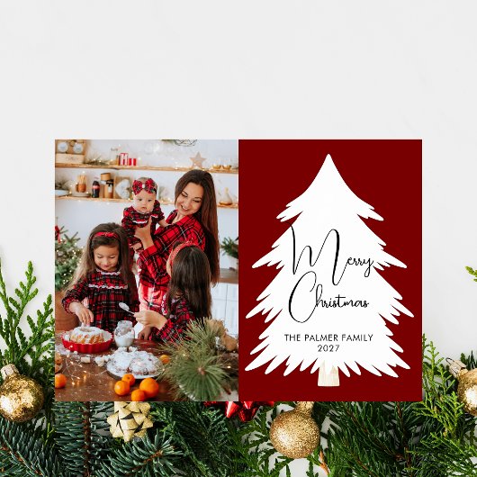 Simple Merry Christmas Pine Tree family photo シーズンカード