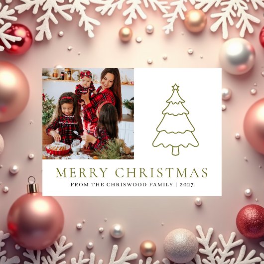 Simple Merry Christmas Pine Tree family photo シーズンカード