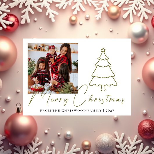 Simple Merry Christmas Pine Tree family photo シーズンカード