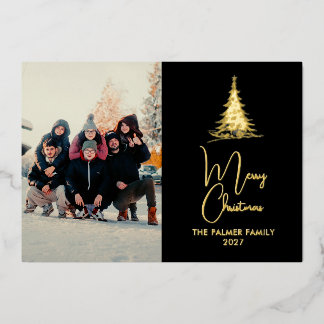 Simple Merry Christmas Pine Tree family photo 箔シーズンカード