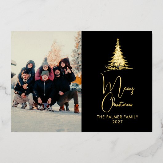 Simple Merry Christmas Pine Tree family photo 箔シーズンカード (正面)