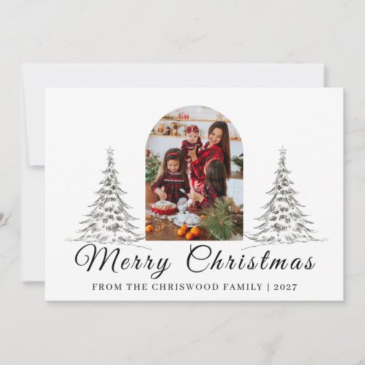 Simple Merry Christmas Pine Tree family photo Holi シーズンカード (正面)