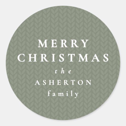 Simple Merry Christmas sage green knit pattern ラウンドシール (正面)