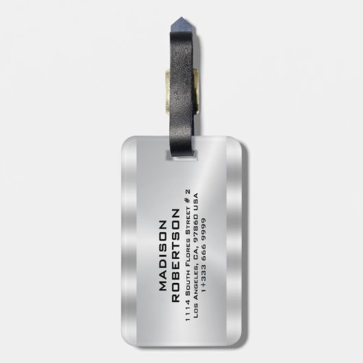 Simple, Metallic Silver Personalized Gry Text ラゲッジタグ (裏面縦)
