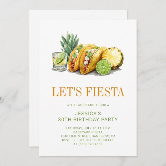Simple Mexican Tacos Fiesta 30th Birthday Party 招待状 (正面/裏面)