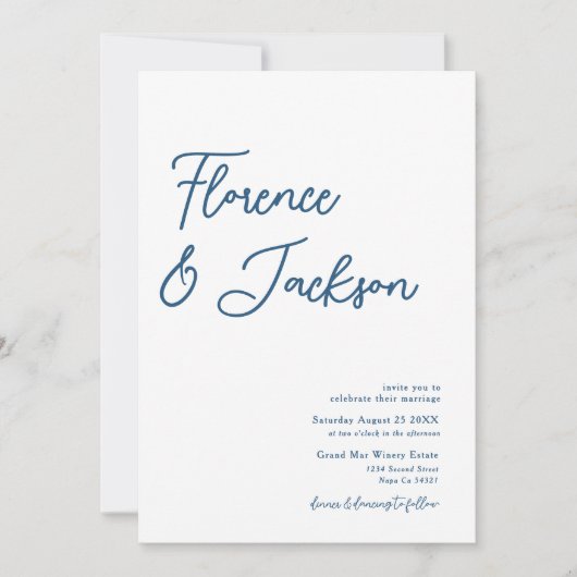 Simple Minimal Handwritten Wedding Photo Blue  招待状 (正面)