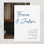 Simple Minimal Handwritten Wedding Photo Blue  招待状 (正面/裏面)