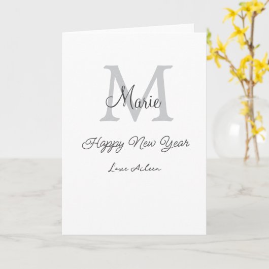 simple minimal happy new year monogram gray name  カード (黄色い花)