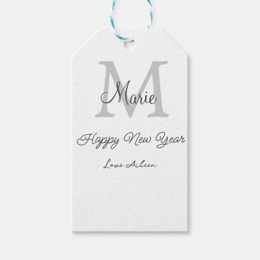 simple minimal happy new year monogram gray name  ギフトタグ (正面)
