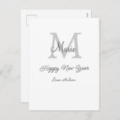 simple minimal happy new year monogram gray name  シーズンポストカード (正面/裏面)