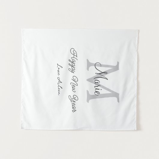 simple minimal happy new year monogram gray name  タペストリー (正面(横))