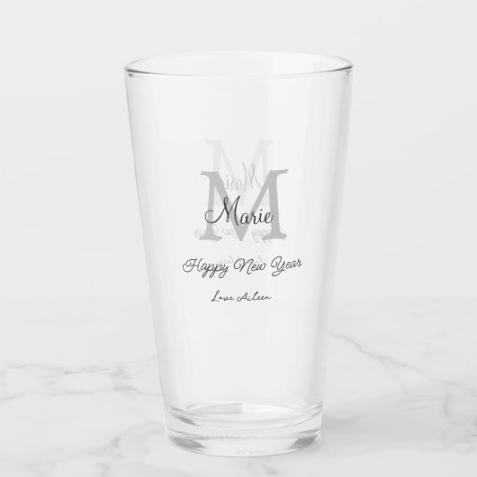 simple minimal happy new year monogram gray name  タンブラーグラス (正面)