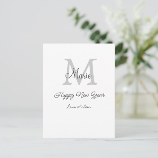 simple minimal happy new year monogram gray name  ポストカード (スタンド正面)