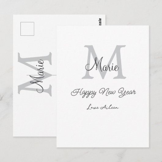 simple minimal happy new year monogram gray name ポストカード (正面/裏面)