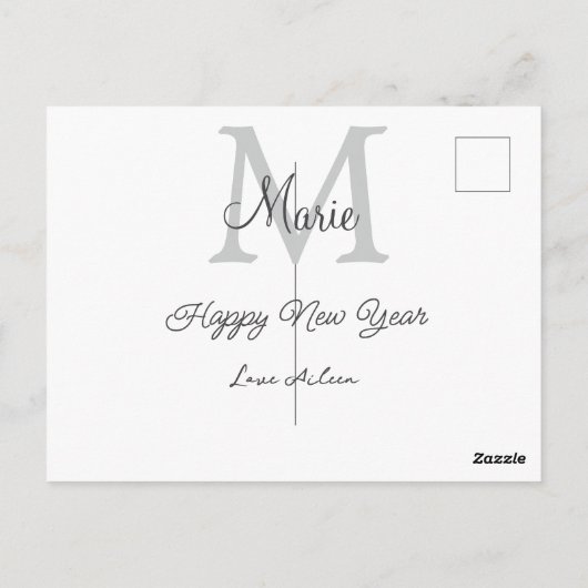 simple minimal happy new year monogram gray name  ポストカード (裏面)