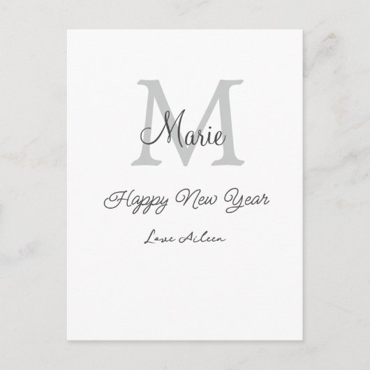 simple minimal happy new year monogram gray name  ポストカード (正面)