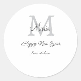 simple minimal happy new year monogram gray name  ラウンドシール