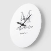 simple minimal happy new year monogram gray name  ラージ壁時計 (傾斜)