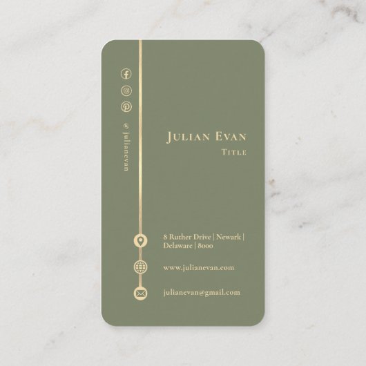 Simple Minimal Monogram Elegant Sage Green & Gold 名刺 (裏面)