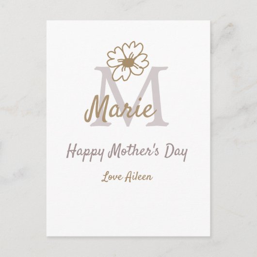 simple minimal mother's day monogram golden gray f ポストカード (正面)
