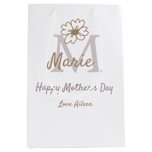 simple minimal mother's day monogram golden gray f ミディアムペーパーバッグ (正面)