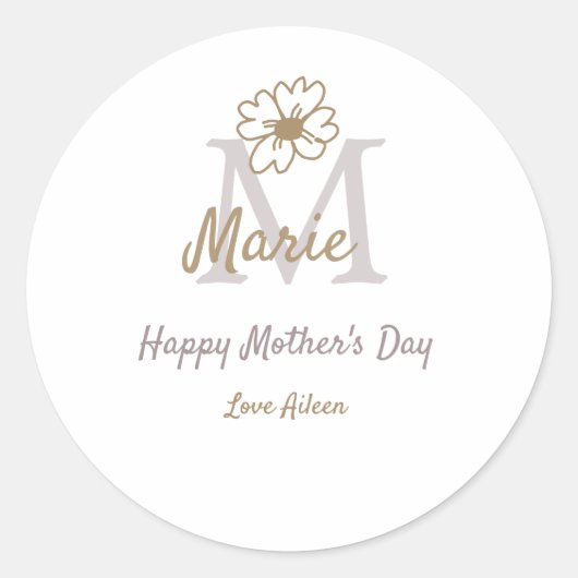 simple minimal mother's day monogram golden gray f ラウンドシール (正面)