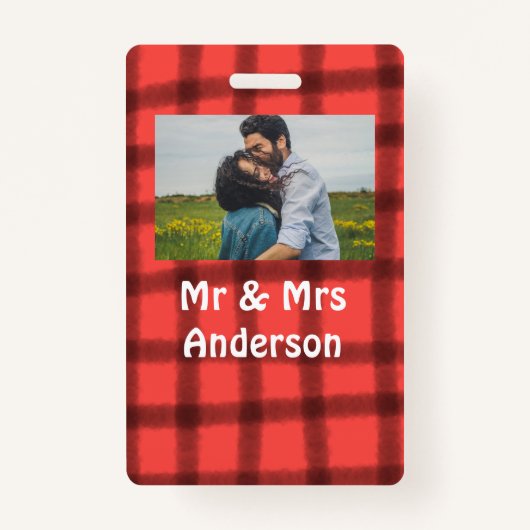 Simple minimal mr and mrs add your name photo red  バッジ (正面)