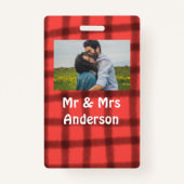 Simple minimal mr and mrs add your name photo red  バッジ (裏面)