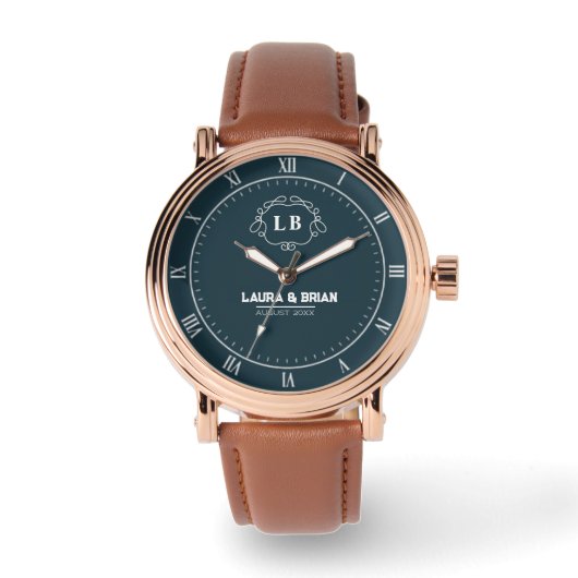 Simple Minimal navy blue Monogram couple names 腕時計 (正面)