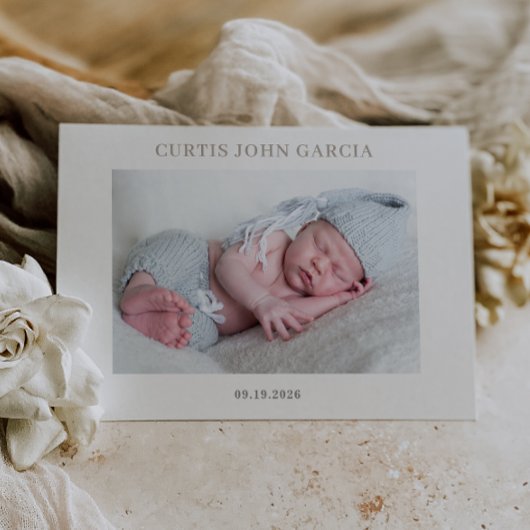 Simple Minimal Taupe Photo Baby Announcement Card 招待状