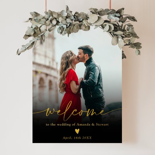 Simple minimalist black gold photo wedding welcome 箔ポスター