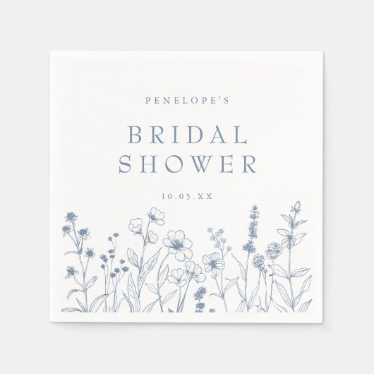 Simple Minimalist Blue Wildflower Bridal Shower スタンダードカクテルナプキン (正面)