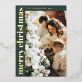 Simple Minimalist Green Merry Christmas Photo 箔シーズンカード (正面)