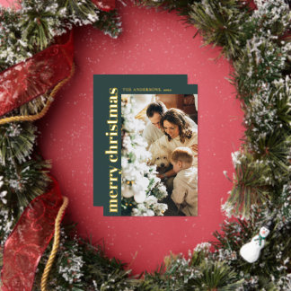 Simple Minimalist Green Merry Christmas Photo 箔シーズンカード