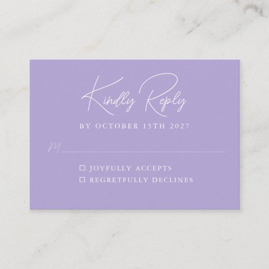 Simple Minimalist Lavender Script Custom RSVP エンクロージャーカード (正面)