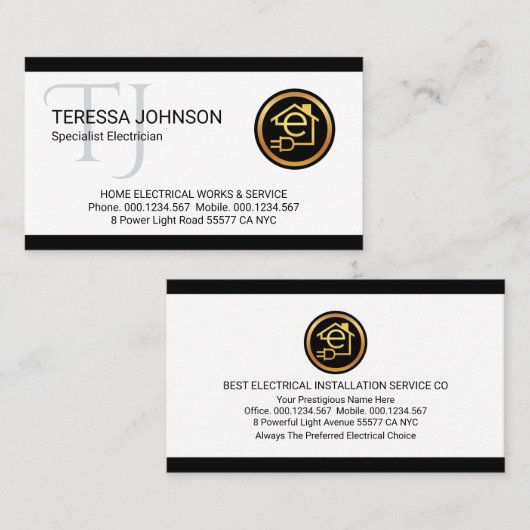 Simple Minimalist Monogram Name Electric 名刺 (正面/裏面)