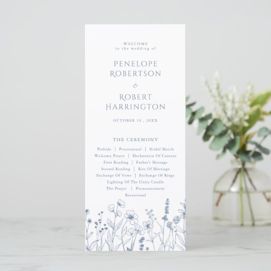 Simple Minimalist Periwinkle Wildflower Wedding プログラム (スタンド正面)
